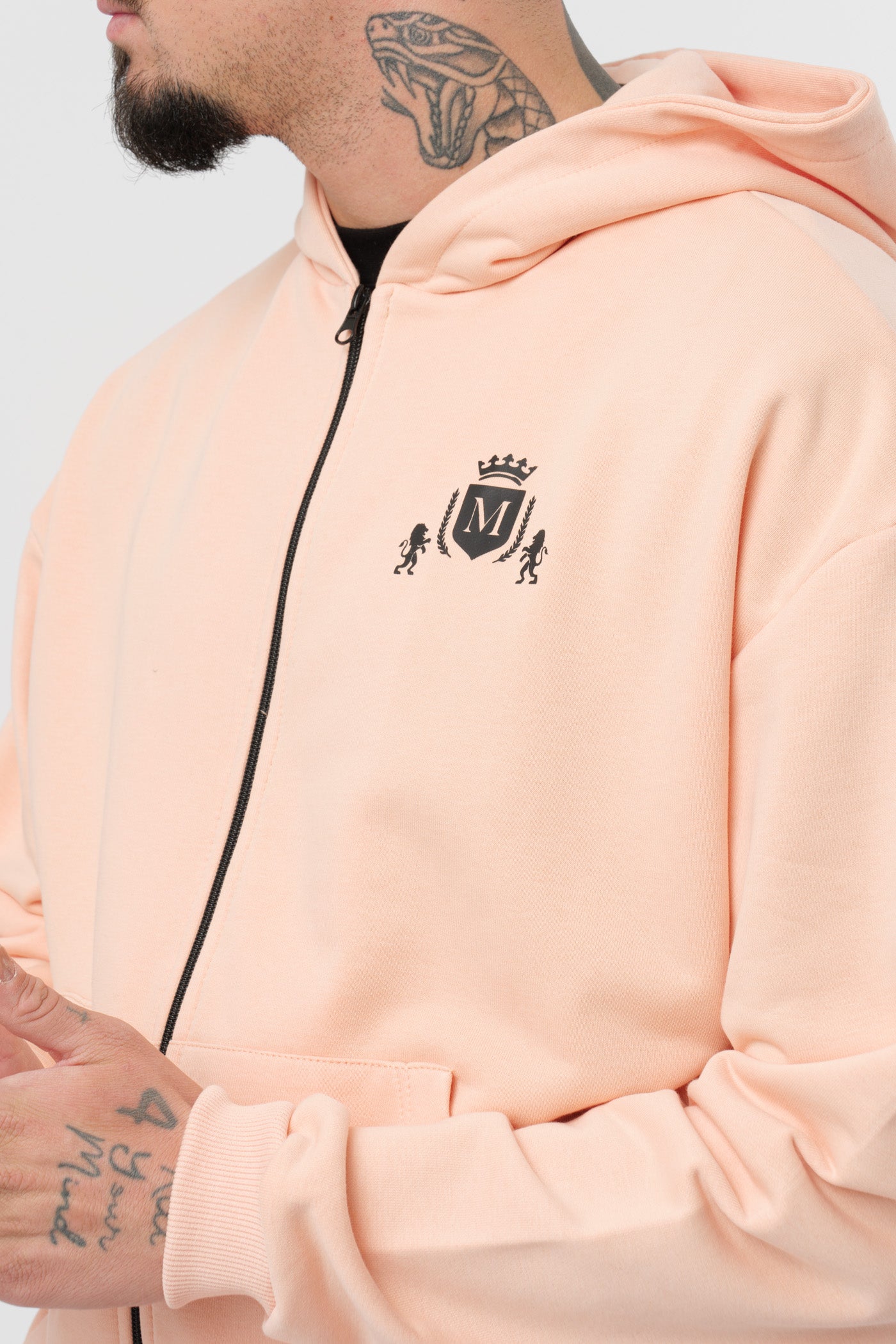 Hoodie Zip Coral con Logo Nero