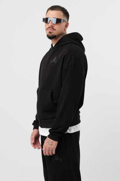 Hoodie Zip Nera con Logo Nero